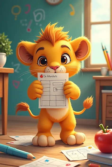 Baby lion at school hands out worksheets childishly drawn more drawn more drawn