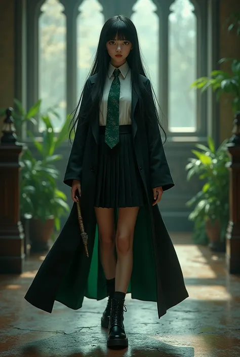 magic magic school。Snake House Student。White blouse。Green tie。Black knee-length pleated skirt。Black lace-up boots。Black robe with green lining。25cm wooden magic wand。Straight long black hair。Bangs。Hime cut hair。Crimson Eyes。Doll-like beauty。Mysterious beau...