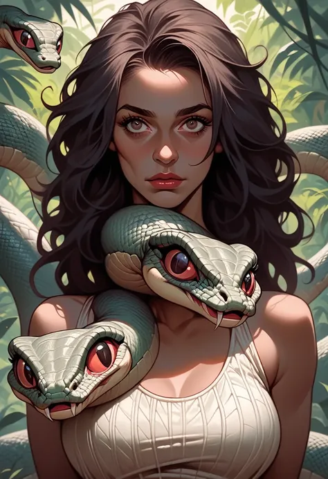 slim, young Medusa with white dreadlocks, creepy, drawn in the style of Bob Kehl and Joelle Jones, expressive ink comic, white leather skin with snake scale pattern, red eye, no legs, Snake tail as lower body, human snake, Monster Girl, Background is a jun...