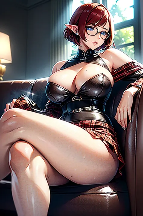 
(large breasts 1.4), beautiful elf woman, ((Short Red Hair: 1.6, straight with shine)), bright blue eyes, bright eyes, double eyelids, light effect on eyes, detailed irises,  sexy curvy body, ((white off the shoulder corset, black and red plaid mini skirt...