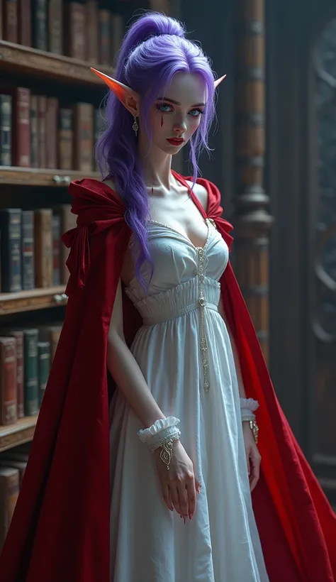 arafed a picture of elf vampire in her castle. an exquisite beautiful female elf vampire (ultra details, Masterpiece, best quality), bloody mouth, purple hair, pale skin, hair in a ponytail, long hair, blue eyes, small pointed ears, cold eyes, smirking, we...