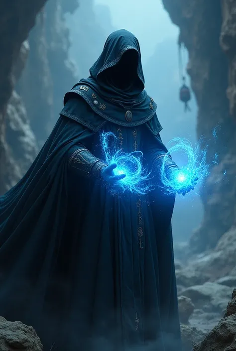 a guy in a black cape using blue time magic