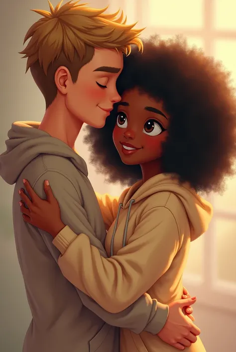 A guy and girl hugging each other, guy: blonde, light skin, clean shave and realistic girl: black brown hair, fluffy and short, wearing a loose hoodie, dark skin tone, black eyes