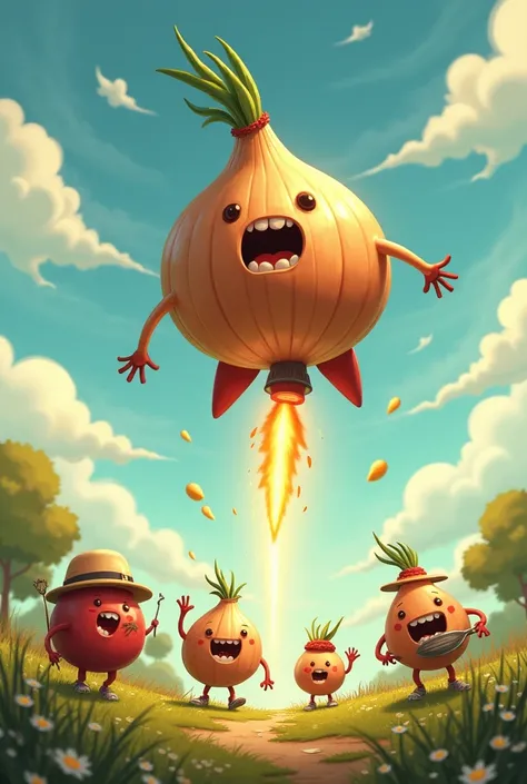 An onion playing rocket while his friends are working 