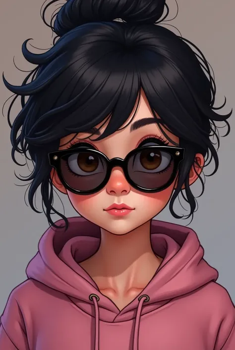 Cute teenage girl with large brown eyes and frizzy jet black hair wearing black sunglasses a dark pink hoodie