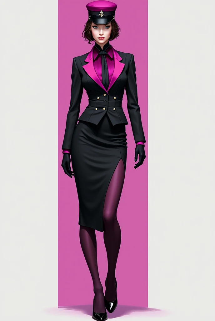 Create a uniform with a waist-high blazer and long magenta sleeves, Skirt with a waist above the knee and an opening on the left leg in magenta, black pantyhose and black heels, Magenta hat and black scarf