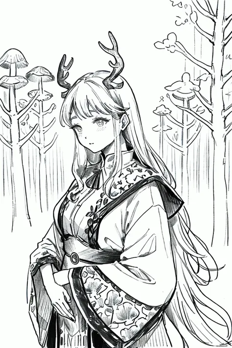 (Line art, monochrome sketch, pencil drawing, traditional media:0.9), A woman with deer antlers, animal skin clothes, surrounded by trees and mushrooms.