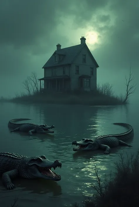 A horror story book cover written "NO ROOMS FOR HUMAN" with haunted house in middle of water source having crocodiles