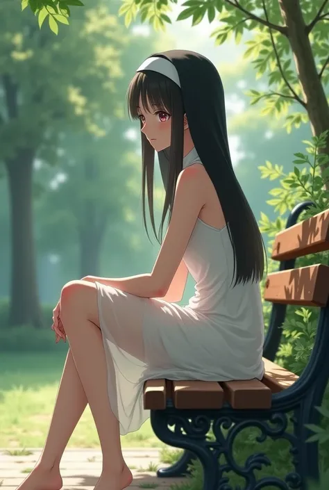 Female nun, 18 years, cute nun, Female nun,nun dress,Slightly transparent tank dress, slender body, sits on a bench, against the background of the park