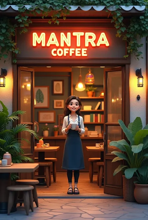 Entrance to a cafe with wooden tables outside, with a sign that says mantra coffee, illuminated, with plants, books, colorful paintings. At the entrance a female Barista with a cup of coffee in her hand and a smile on her face. He addresses the audience wi...