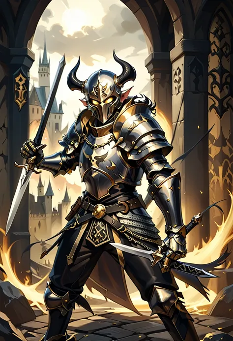 3D rendering of a heroic and determined male warrior in black and gold armor holding a black ornate silver sword, medieval Warhammer background, skaven. Dynamic attack pose.