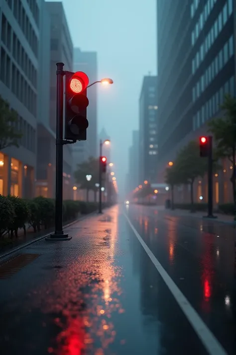 Make a video of road which is wet with rain and there is a traffic single light red in on