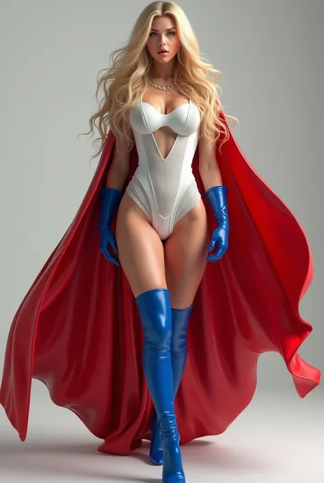 a woman with long blonde hair she has a big red cape and a superhero outfit she has a white outfit and blue boots she has big breasts and a big ass she is 2