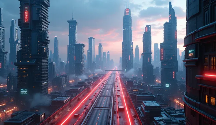 a futuristic cityscape of a modern metropolis, towering skyscrapers, advanced architecture, overwhelming skyscrapers, city skyline, urban landscape, dynamic environment, cinematic lighting, dramatic shadows, neon lights, vibrant colors, cyberpunk atmospher...