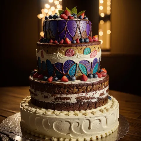 a beautiful large cake with colorful detailed design, hyper realistic, 8k, extremely detailed, photorealistic, studio lighting, cinematic composition, vibrant colors, glossy textures, intricate patterns, mouth-watering, professional food photography