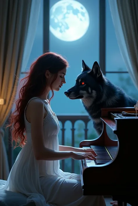 I want a photo of a woman with wine-colored hair, neither too thin nor too fat, in a white nightgown playing the piano at night, and next to her a wolf with black fur and red eyes., They are in their room and from the balcony you can see a very beautiful f...