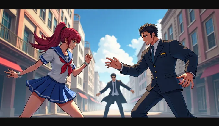 Fighting game screen, Girl in sailor outfit, Man in civilian clothes, buttler, work of art, super detaill, best qualityer