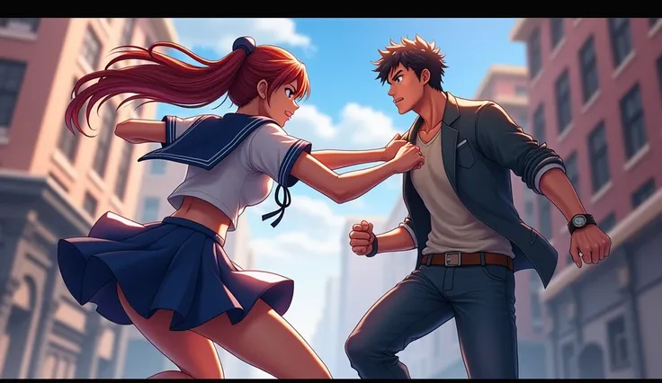 Fighting game screen, Girl in sailor outfit, Man in civilian clothes, buttler, work of art, super detaill, best qualityer