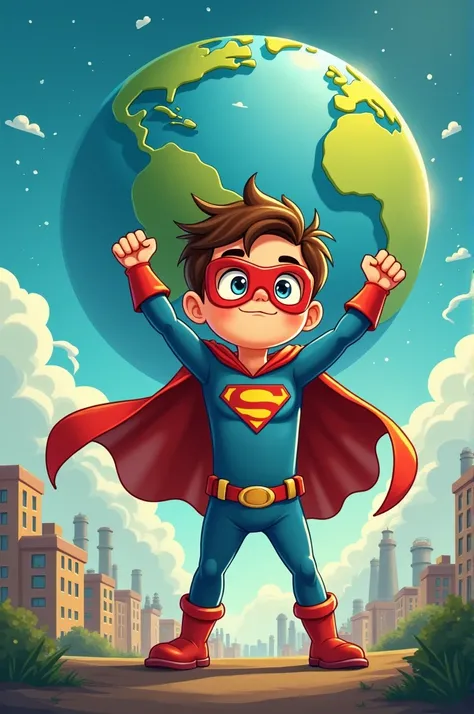 Make an easy cartoon of a superhero boy defending the planet with his powers in an exciting fight against pollution 