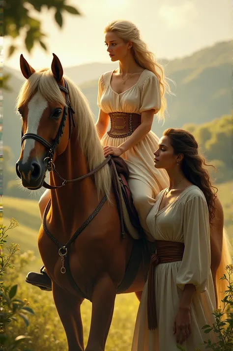 Blonde woman on a horse with another brunette woman holding the horse