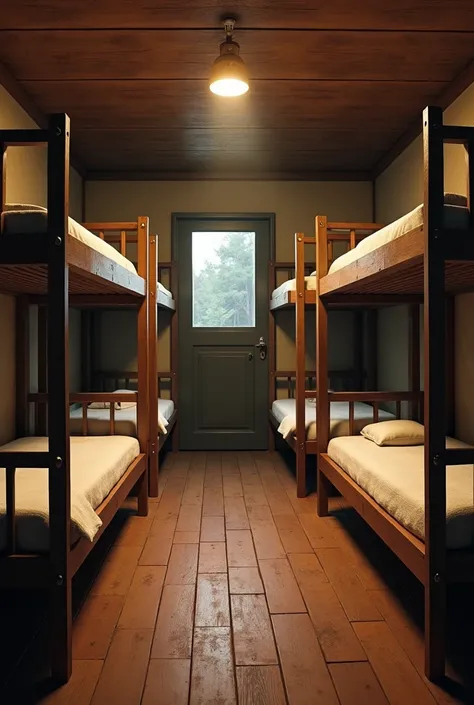 A shelter room with bunk beds for multiple people but no people.