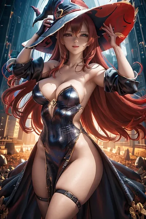 ((best quality)),((masterpiece)),((realistic)),cowboy_shot,looking_at_viewer,dynamic_pose,sorceress_dragonscrown_aiwaifu,aiwaifu,witch_hat,red_hair,huge_breasts,absurdly_long_hair,cleavage,brown_eyes,one_eye_covered,wide_hips,thick_thighs,collarbone,lips,b...