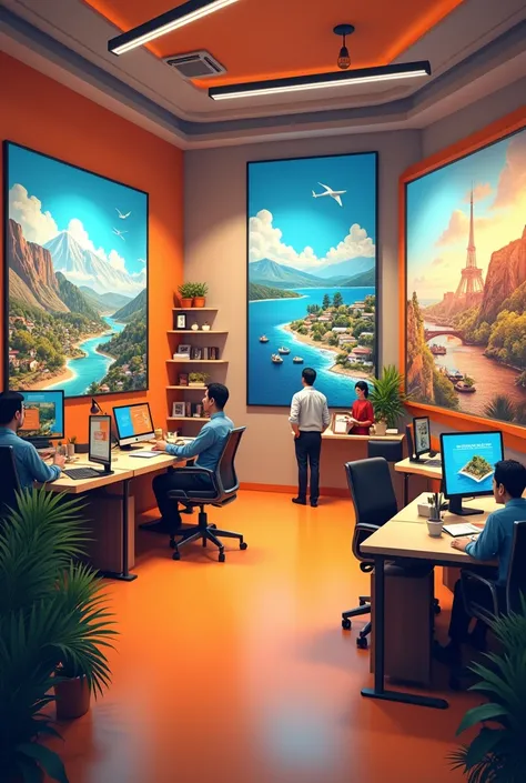 office with background company name  BLUORANGE TRAVELS make sure its BLUORANGE not a blueorange and traveling posters al over the office in Pakistan 