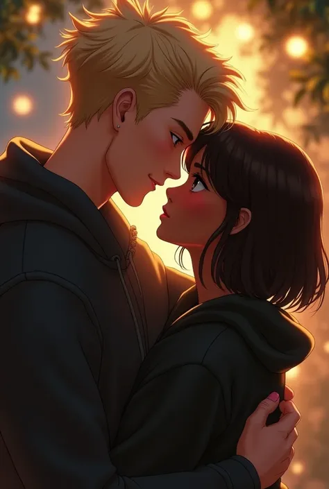 A guy and girl hugging each other, guy: blonde fluffy hair, light skin, clean shave and realistic girl: black brown hair  short, wearing a loose black hoodie,  dark skin tone, black eyes, straight hair make it very realistic make it cozy and romantic make ...