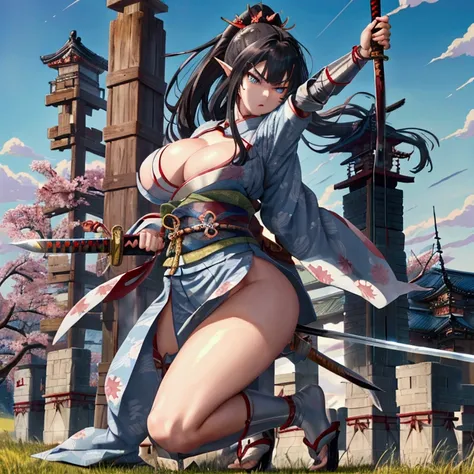 (Japanese women)、(Woman fighting goblins)、(Warrior Princess)、(Goddess of War)、(Black Hair)、(ponytail)、(Old Japanese Armor)、((Holding the Japan sword))、(True to prompts)、(Deluxe)、(Glaring with sharp eyes)、(Super big breasts),(battlefield)、(grassland)、((A la...