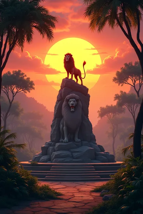 the lion king stone in a jungle where there is sunset in a treeless area in front 