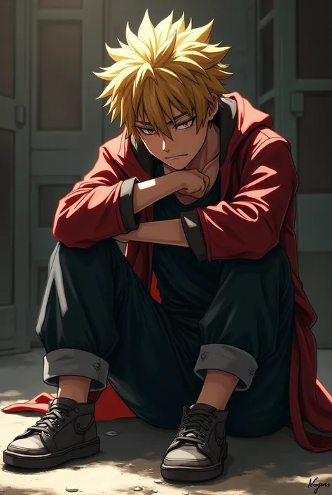 Katsuki bakugo assis par terre entrain de tirer la tête 