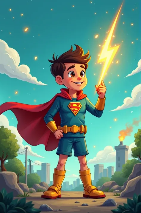 Make an easy cartoon of a superhero kid taking care of the planet with his lightning bolt against pollution 