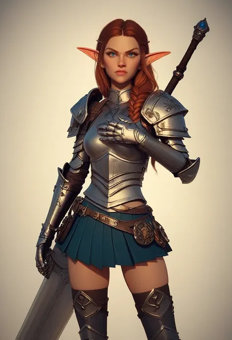 hyper-realistic 3d anime rendering. an elf, standing in a fantasy village. she is holding a glowing claymore sword, propped on h...