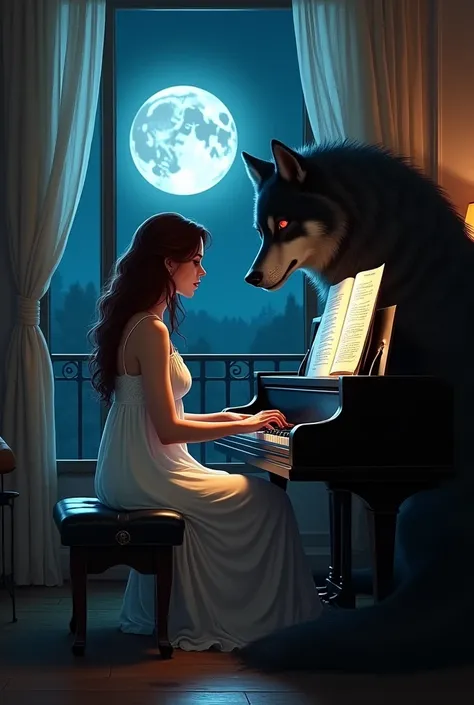 I want a photo of a Latin woman with wine-colored hair, neither too thin nor too fat, in a white nightgown playing the piano at night, and next to her a large wolf lying on the floor, with black fur and red eyes., They are in their room and from the balcon...