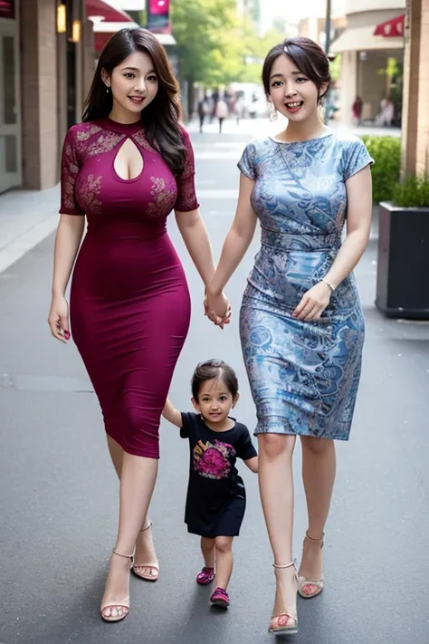 Happy family, women huge breasts, big booty, full body, sexy pose, batik dress hot, child happy,perfect fice, medium dress, walk mall, erection nipple, huge nipple, 