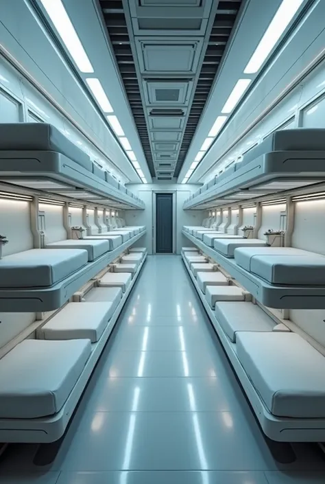 The beds on the spaceship are bunk beds. There are no people in the bunk beds.