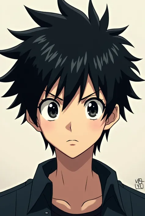 young character  anime man with black hair and black eyes serious
