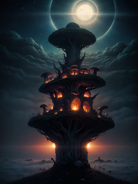 Zdzisław Beksiński style, horror,  the night light is now rising, the midnight sun shines majestically beautiful through the night fog, psychedelic starry sky with dreamy mushrooms