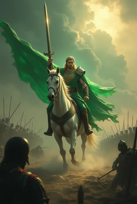 A beautiful and majestic man in green clothes riding on a beautiful and beautiful white horse with a light face and holding a sword and a green banner in his hands, fighting against the vile and ugly people in black clothes. Around them is a chaotic scene ...