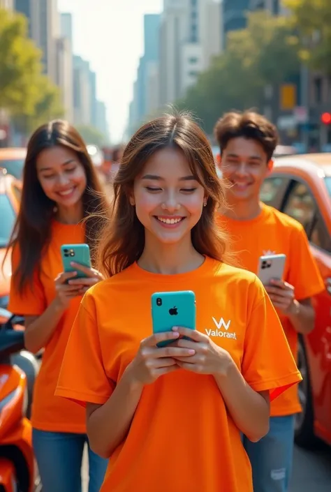 Create several happy people with a cell phone in their hand and an orange shirt with Valorant written on it and orange cars and motorcycles in the background. 