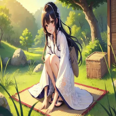 anime girl sitting on a mat in the grass with a basket, anime visual of a cute girl, beautiful anime girl squatting, beautiful anime girl, the anime girl is crouching, beautiful anime style, cute anime waifu in a nice dress, high quality anime artstyle, cu...