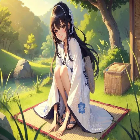 anime girl sitting on a mat in the grass with a basket, anime visual of a cute girl, beautiful anime girl squatting, beautiful anime girl, the anime girl is crouching, beautiful anime style, cute anime waifu in a nice dress, high quality anime artstyle, cu...