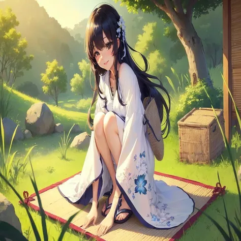 anime girl sitting on a mat in the grass with a basket, anime visual of a cute girl, beautiful anime girl squatting, beautiful anime girl, the anime girl is crouching, beautiful anime style, cute anime waifu in a nice dress, high quality anime artstyle, cu...