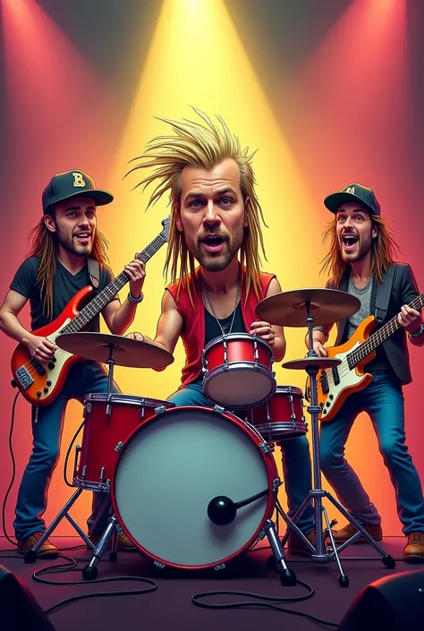 Draw a  music band with a drummer playing in the middle with  a mullet on the front and somme blond long dreads on his back, a guitarist with a cap on the left and a bass musician with a cap on the right like in a cartoon.