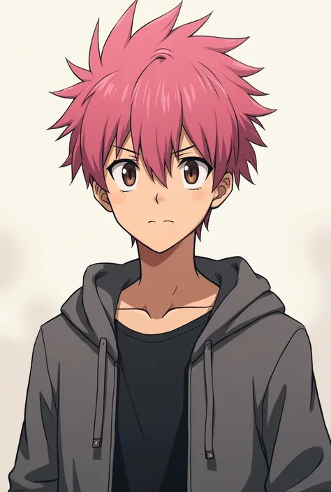 young character  anime man with pink hair and brown eyes serious full body
