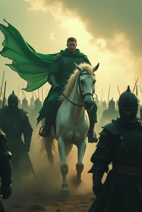 A beautiful and majestic man in green clothes riding on a beautiful and beautiful white horse with a light face and holding a sword and a green banner in his hands, fighting against the vile and ugly people in black clothes. Around them is a chaotic scene ...