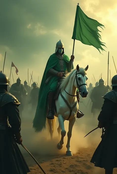 A beautiful and majestic man in green clothes riding on a beautiful and beautiful white horse with a light face and holding a sword and a green banner in his hands, fighting against the vile and ugly people in black clothes. Around them is a chaotic scene ...