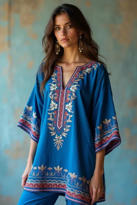 Make a short kamiz with pajama, pakistani design with ambrodari work with blue colour combination. Front side with boho style