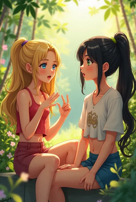 
"The image shows two girls sitting together in a sunny garden, surrounded by colorful flowers and growing bushes. the blonde, with golden hair and blue eyes, has a soft and relaxed smile, while the black-haired girl, with green eyes, He has a thoughtful a...