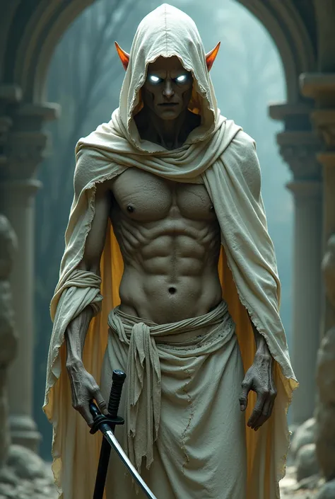 I wish you to create a male Elf wizard with his entire body in a state of deep mummification wearing a white hooded robe., where the belly muscles appear.  His pointy ears appear. And he holds a katana. In place of his eyes are two tiny, discreet, luminous...